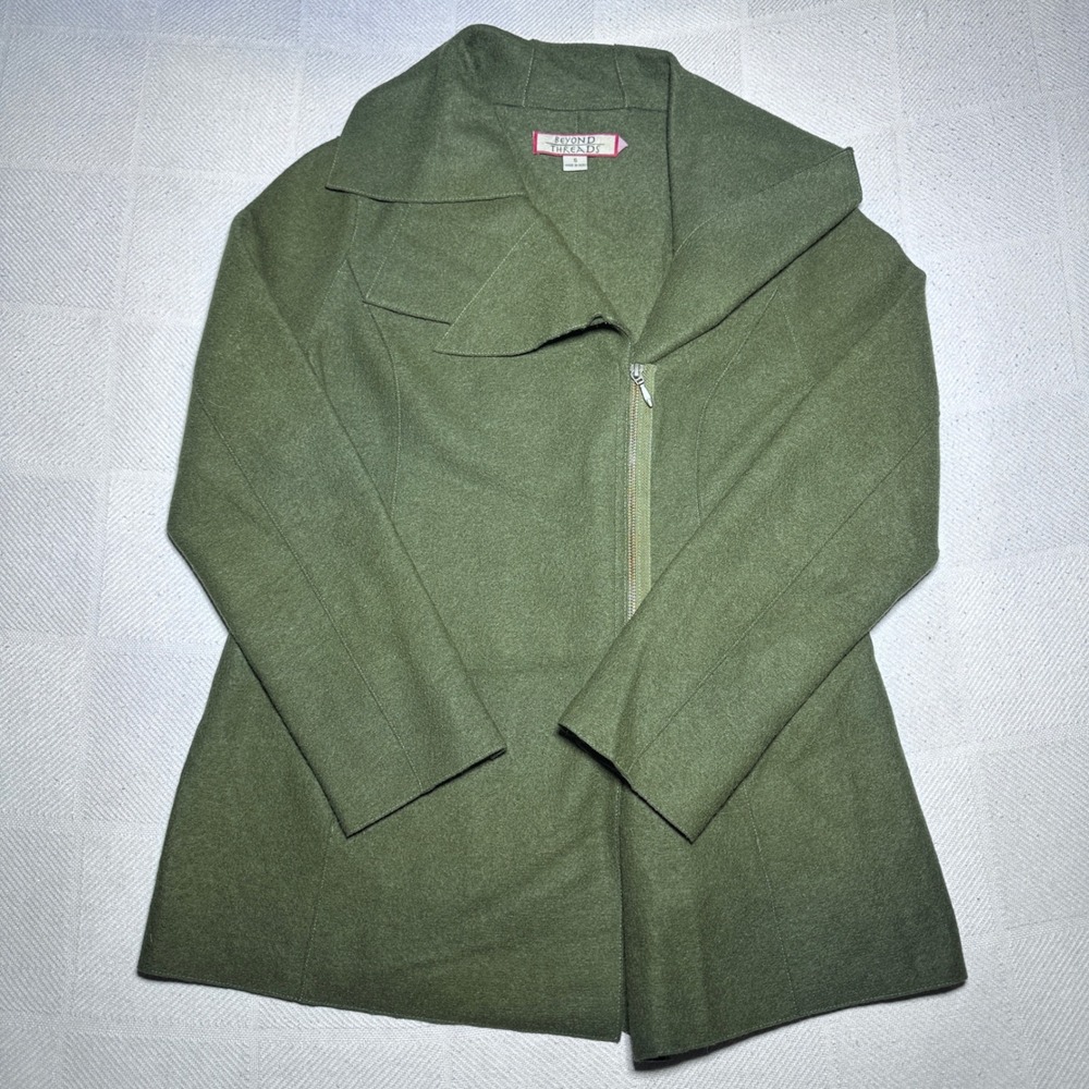 Beyond Threads Coat Womens Small Alpaca Wool Asymmetric Zip Artisan Olive Green